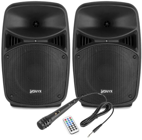 Vonyx VPS082A 8-Inch Active Bluetooth PA Speakers Set - 400W Active/Passive DJ Speakers Kit with Wired Microphone, RCA Input, MP3 Player & Easy Controls for Home Parties, Small Venues & Beginner DJs