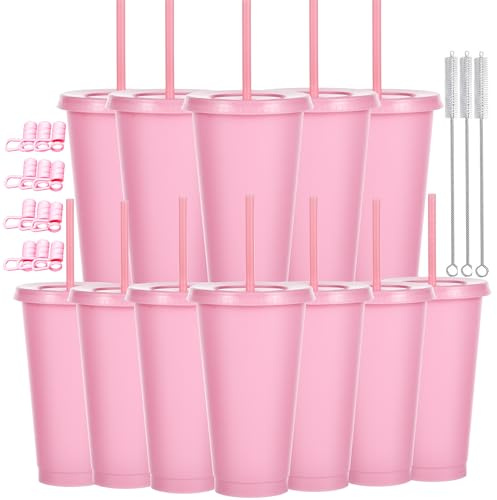 CuppaLifes 12 Pack Reusable Plastic Cups with Lids and Straws, 710ml Cold Tumbler Cups for Slushie and Drinks, Party Cups for Adults Travel Beach Picnic Birthdays (12, Pink)