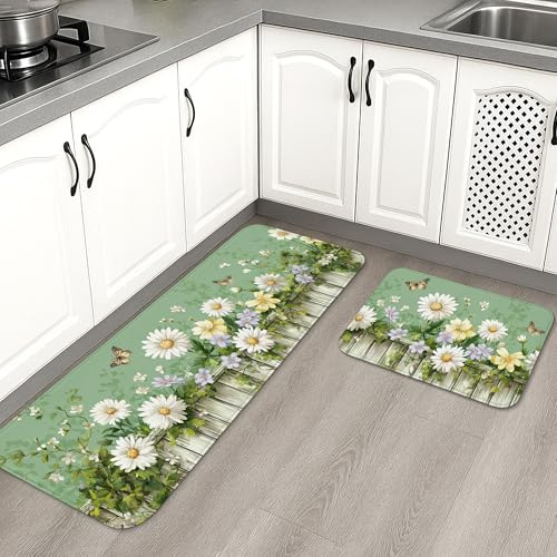 Tapetes de cocina florales para piso, patrón de crisantemo verde, vintage, suaves, acolchados, cómodos, lavables, antideslizantes, para fregaderos de cocina, lavandería, baño, 2 unidades