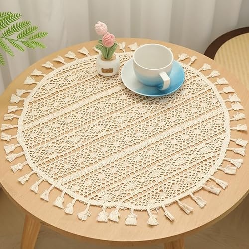 Rund Häkel-Tischdecken,60CM Beige Handgefertigte Tischsets Baumwolle Spitze Vintage-Stil Tischdecken Spitzendeckchen Hochzeit,Zuhause,Party-Dekoration für Esszimmer,Küche Couchtischdekoration -#4
