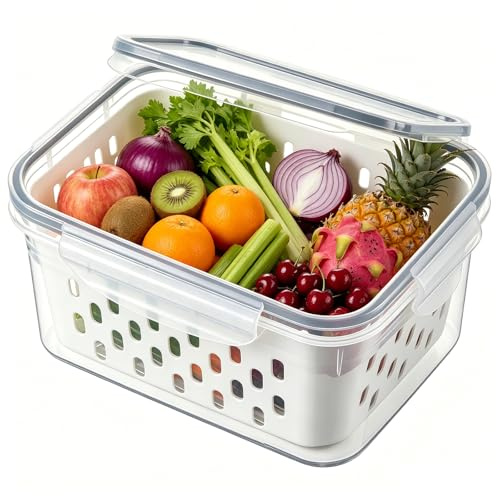 Generisch Set med Förvaringslådor, Stapelbara Kylskåpsorganisatör, Lufttäta Förvaringslådor, med Lock och Avskiljbart Dräneringsgitter, För Frukt, Grönsaker, Ägg, Nötter, Kött och Fisk (3,3 L)