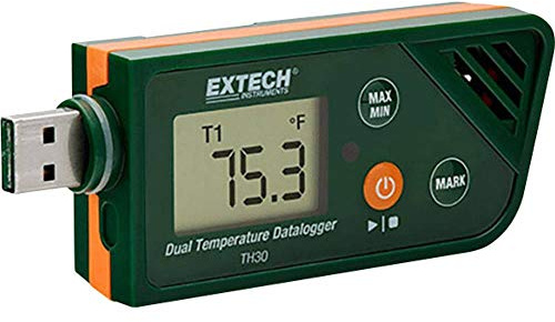 Extech TH30 Dualer Datenlogger für Temperatur im USB-Format | Zweikanal-Thermistor, Temp -40 bis 158F, 48000 Speicher (24000/Kanal), USB, Hi/Lo-Alarm, wasserdicht