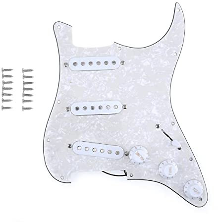 Musiclily SSS Loaded Prewired Pickguard ST Gitarre Vorverdrahtetes Schlagbrett mit Single Coil Tonabnehmer Set für Fender American/Mexican Strat E-Gitarre,4 lagig White Pearl