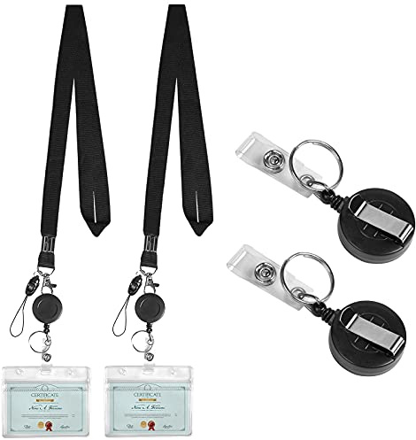 2 Pezzi Porta Badge Retrattile, Retrattile Bobina Clip ID Badge con Portachiavi Porta Badge Plastica Rigida con la Cinghia del Collo, per Carta di Ufficioe Scuola (Nero)