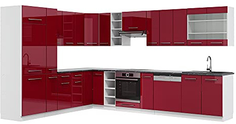 Vicco Eckküche Fame-Line, Bordeaux Hochglanz/Weiß, 347 x 46 cm ohne Arbeitsplatte, geeignet für Flexible Küchenplanung und modulare Erweiterung