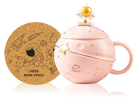 Yalucky Kawaii Astronaut Cup Space Embossed Planet Mug, Cute Ceramic Coffee Mug, Novelty Mug with Lid and Spoon for Coffee, Tea, Milk, Aesthetic Room Decor Funny Gift for Girl Boy Women((Pink)