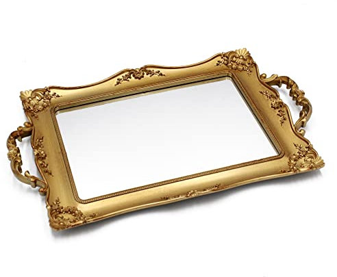 Tstarer Antikes dekoratives quadratisches Spiegeltablett, Schmuck- und Kosmetik-Organizer für Kommode, quadratisch – 24,1 cm B x 36,8 cm L (Golden)