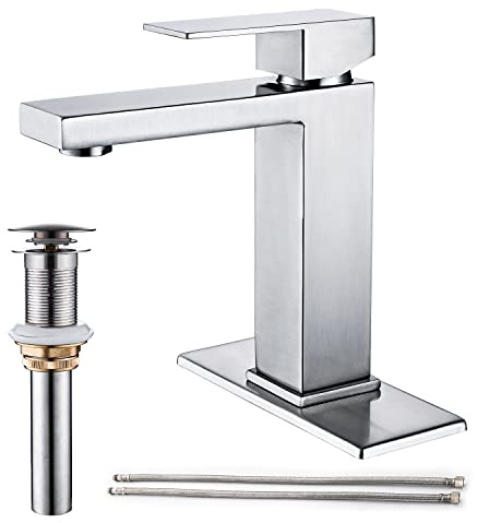 AVSIILE Brushed Nickel Bathroom Faucet, Single Hole Vanity Bath Faucet, Single Handle Modern Stainless Steel Bathroom Faucets for Sink 1 Hole with Pop Up Drain Stopper & Water Supply Hoses