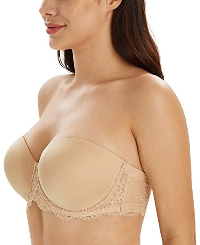 Lemorosy Women's Plus Size Full Coverage Lace Strapless Bra Underwire Multiway Contour Red Carpet(Lace Beige,36F)
