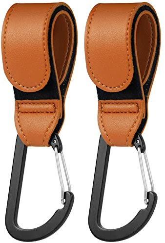 HONZUEN 2PCS Baby Buggy Clips for Pram, Leather Style Pram Clips for Bags with Carabiner Hook, Heavy Duty Stroller Hooks for Pushchair Stroller, Shopping Bags, Handbag (Brown)