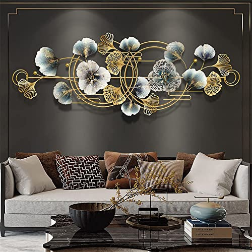 fikujap Wanddeko Metall Kreative Handgemachte Blätter Wanddekoration Aus Metall, 3D Wanddeko Wandskulpturen Wandhänger Dekoration Für Home Office Wohnzimmer 127X44cm/50X17.3In