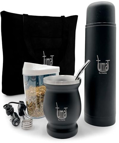 Kit completo de yerba mate – Incluye taza mate, pajita (bombilla), termo de 750 ml, bolsa y dos regalos (recipiente yerbero y calentador de agua de inmersión)