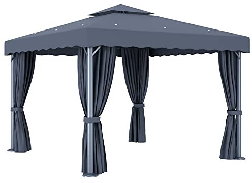 Keketa Outdoor Gartenpavillon, 2-stöckiger Dachpavillon mit Vorhang und LED-Lichterkette, Outdoor Gartenmuschel mit Moskitonetz für Terrasse, Hinterhof und Rasen Wasserdicht 3x3m Anthrazit