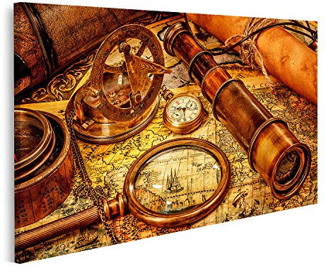 islandburner Leinwandbild Vintage Lupe, Kompass, Teleskop und Uhren Bilder Drucke für Wohnzimmer Büro