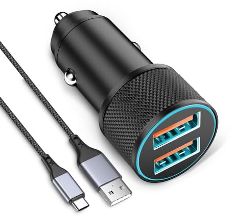 Zigarettenanzünder USB Adapter für iPhone 17 Air 16 15 Pro Max 16e, Samsung Galaxy S25 S24 S23 S22 Ultra, Google Pixel 9/8/7, 36W 12V/24V Auto Steckdose 2-Port QC Kfz Ladegerät und 1m Kabel Typ-C