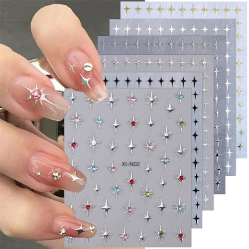 Lilbitty 6 Stück Stern-Nagelaufkleber für Nagelkunst, 3D-Glitzer, glänzendes Gold, Silber, Weiß, Schwarz, Sterne, Nagelkunst-Designaufkleber, selbstklebende
