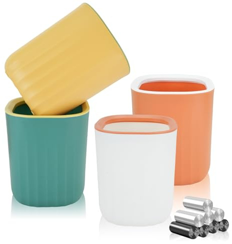 QLFJ-FurDec 4 Piezas Mini Papelera Escritorio con 240 Bolsas de Basura, Cubos de Basura de Mesa Pequeños, Papelera Oficina de Plástico para Dormitorio Salón Tocador, Papelera Pequeña 12,5x12,5x15cm