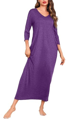 Sykooria Long Nightdresses For Women 3/4 Sleeves Cotton Nightie Ankle Length Long Nightgown V-Neck Plus Size Full Length Loungewear Nightshirt(Purple,XXL)