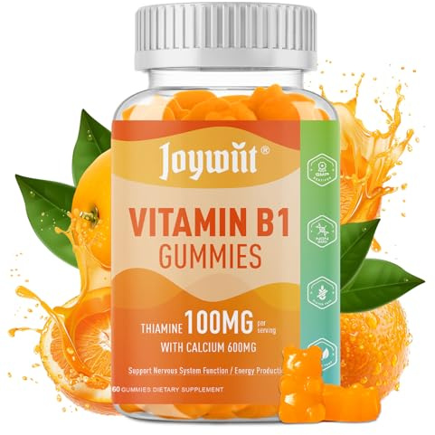 Joywiit Vitamin B1 Gummies 100mg for Adults & Kids, Thiamine B1 Supplement with 600mg Calcium, Nervous System Supports & Boost Energy, Orange Flavor, Non GMO, Vegan, 60 Chewable Gummies
