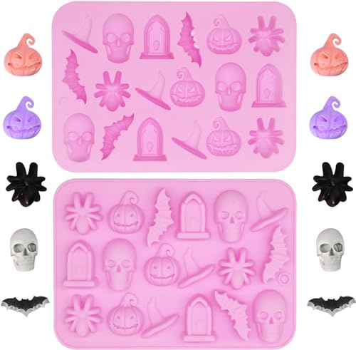 BURRSJ Lot de 2 moules à chocolat d'Halloween en silicone à 18 cavités en forme de tête de mort, chauve-souris, citrouille, chapeau de sorcière, pierre tombale, pour décoration de bonbons gélifiés,
