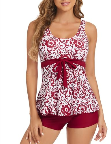 Genfien Tankini Dam magkontroll push up top hög midja badshorts tvådelade badmode tankini dam set elegant, röd, XXL