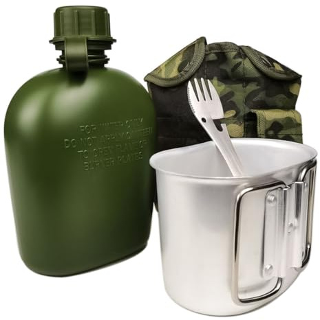 Hsthe Sea Army Water Bottle, 1L Plastic, Green, Military, Fired Heating, Includes Cup and Spork, Perfect for Hiking, Camping, Hunting, Tactical Training, Police Fire & Rescue Use