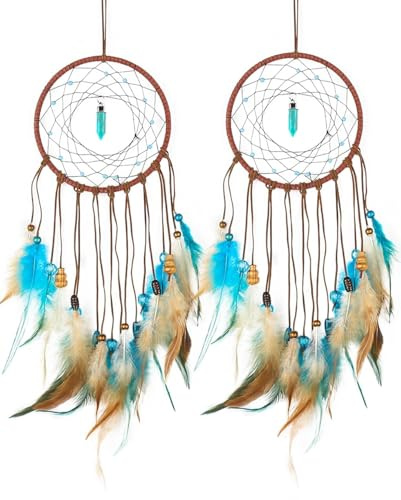 MEXIDAWN 2 Pack DIY Feather Dream Catcher Kits Turquoise Wall Hanging Boho Decor Handmade Dream Catcher for Adults