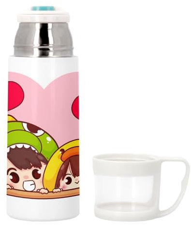 Thermoskanne aus Edelstahl mit integrierter Tasse – für Kinder, verkleidetes Paar, japanischer Stil, niedliches Design, Liebe, 350 ml – Thermosflasche