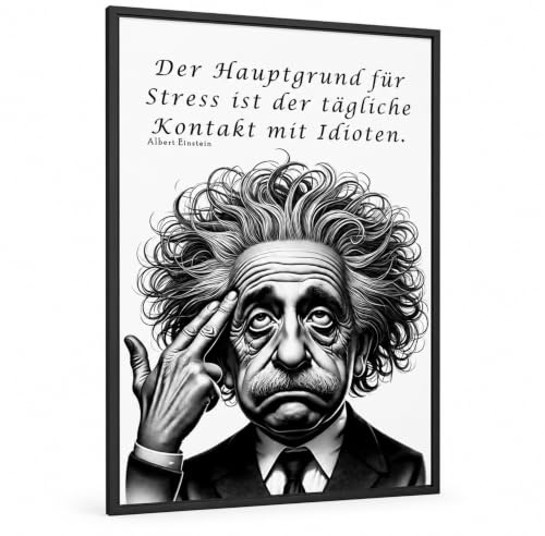 CLEAN SPORTS Albert Einstein Poster DIN A2 – Wandbild mit Zitat „Der Hauptgrund für Stress ist der tägliche Umgang mit Idioten“ – Lustiges Motivationsposter fürs Büro & Arbeitszimmer | Ohne Rahmen