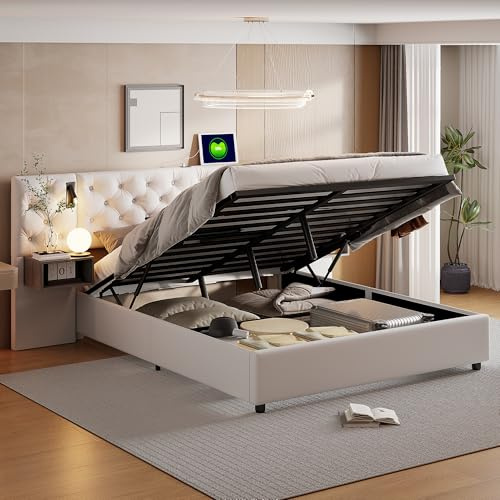 Polsterbett Bett 140x200 cm Doppelbett mit Stauraum Unterbett, Extrabreiter Kopfteil mit Leselicht & USB-Ladebuchse Hydraulisch Stauraumbett Funktionsbett mit Lattenrost, Samt, Beige (140*200)