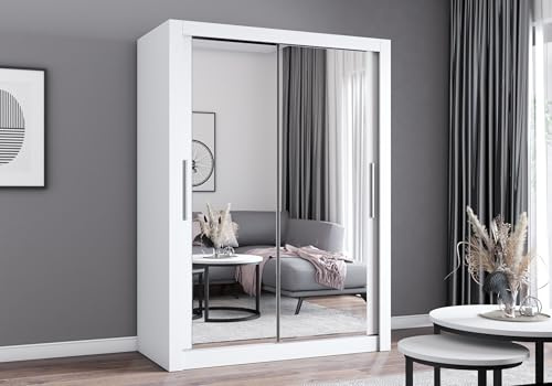 Easy4You MN Weiß Schiebetürenschrank Kleiderschrank 180x215x64 cm mit Spiegel - Schlafzimmermöbel, Aufbewahrung – Mehrzweckschrank mit 2 Kleiderstangen