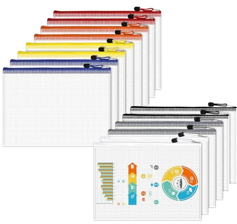 Dokumententasche A4-14 Stück Transparente Dokumentenmappe mit Reißverschluss, Mesh-Kunststoffbeutel für Dateien, Papiere, Dokumente, Kosmetika, Spielzeug-Bauteile, Hausaufgaben und Reisen