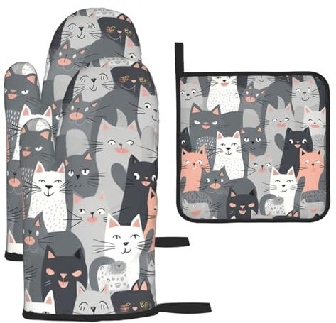 Lot de 3 gants de cuisine et maniques résistants à la chaleur de 260 °C - Gants de cuisine mignons et drôles - Motif chats gris