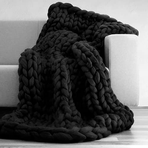 Grobstrick-Überwurfdecke für Couch und Bett, weiche und warme Grobstrick-Wolldecke, Heimdekoration, Grobstrick-Teppich für Sofa, Stuhl und Schlafzimmer, Schwarz, 100 x 150 cm
