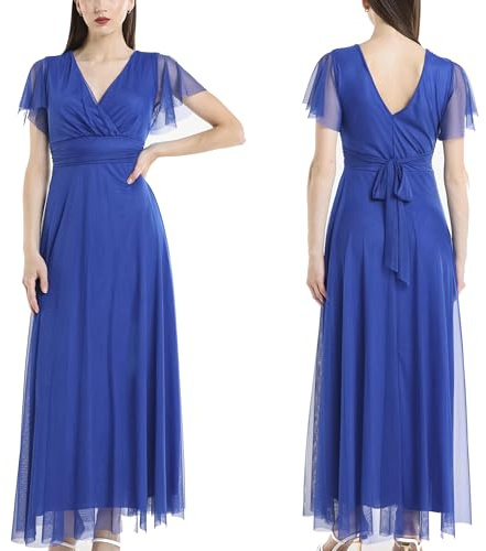 VALORIALUXE Abito Lungo Elegante Donna con Maniche Volant e Scollo a V – Vestito da Cerimonia Made in Italy(IT, Testo, Taglia Unica, Regular, Regular, Carta Blu)