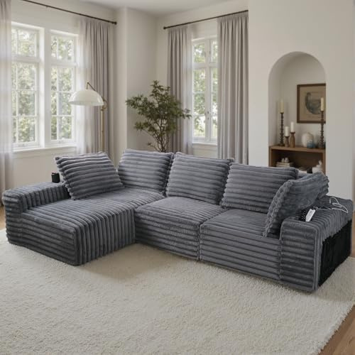 yeshine Schlafsofa 290 cm breit Sofa mit Schlaffunktion Bodensofa für Wohnzimmer L-förmiges Ecksofa Modulares Cloud-Sofa mit Kissen Boneless Couch mit USB-Ladeanschluss für Schlafzimmer (Dunkelgrau)