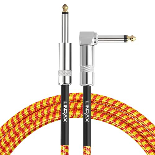 LINRAX Gitarrenkabel, Nylon Geflochten 6,35mm Audio Kabel, 3M Instrumentenkabel für E-Gitarre Bass Verstärker Lautsprecher Keyboard Mixer Equalizer E-Drum, 1/4 TS Gewinkelt/Gerade, Gold & Rot