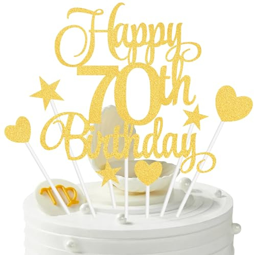 70th Birthday Cake Decorations, 7Pcs Happy Birthday Cake Topper with Heart Star Cupcake Picks, Gold Glitter Happy 70 Years Old Birthday's Sign for Party Supplies