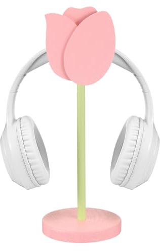 Yookeer Cute Headphone Stand Decorative Tulip Headphone Stand Cute Pink Flower Wood Desk Decor for Gamer Room Office Desk Christmas Gaming Gifts for Girlfriend Office Worker