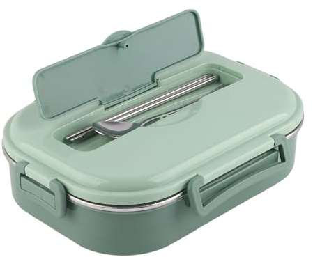 Ejoyous Stainless Steel Lunch Box, 4-Grid Portable Container with Water-Filled Heat Layer and Cutlery Set in The Lid (Green)