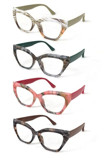 KoKoBin Confezione da 4 occhiali da lettura da donna con montatura in Colore legno e cerniere a molla Occhiali per computer che bloccano la anti luce blu (4 Pack, 1)