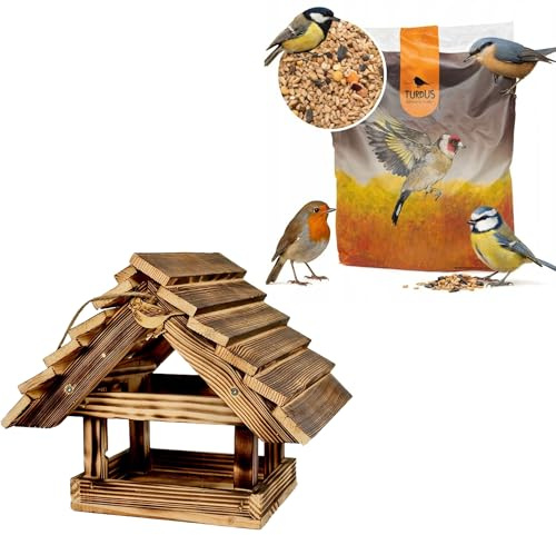 WOODOK Nichoir en bois + nourriture pour oiseaux 1 kg – Incubateur résistant aux intempéries pour mésanges, rouges-gorges et moineaux avec rabat de nettoyage – Nichoir à oiseaux avec protection contre