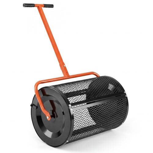 GYMAX Esparcidor de Semillas de Césped, Esparcidor de Abono con Mango de 2 Alturas Ajustables, Estructura de Metal Resistente, Bloqueos Laterales, Dispensador de Compost para Jardín (Naranja)