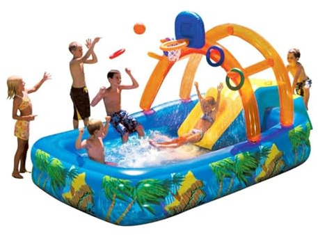 Generisch Aufblasbares Spielzentrum - Kinderbecken mit Rutsche | Basketballkorb, Wasserspray, Dickes PVC, Maße 188x137x34cm, Sommerspaß drinnen & draußen