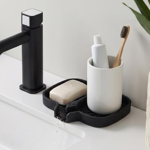 Gurwen Seifenschale Silikonmatte Zwei Vertiefungen mit Ablauf, Schwarz | Seifenablage mit Saugnapf, Soap Dish Dusche, Geeignet für Bad, Küche und Waschbecken