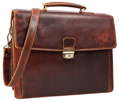 STILORD Noel Aktentasche Leder Herren Vintage groß klassische Arbeitstasche Bürotasche Umhängetasche Dokumententasche mit Laptopfach 13,3 Zoll und Trolleyschlaufe Farbe:kara - cognac