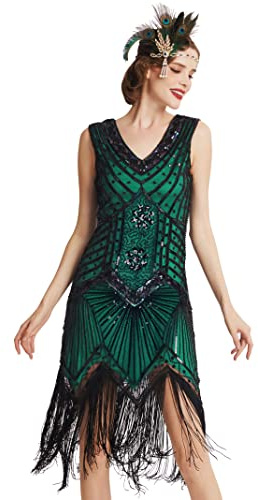 BABEYOND Flapperklänning, V-ringad, med pärlor och fransar, 20-talsklänning, Great Gatsby-klänning, gRÖN, L