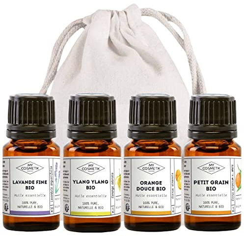 MyCosmetik - Pack anti stress et détente - Lot de 4 huiles essentielles BIO à diffuser - Lavande Fine - Petit Grain - Ylang Ylang - Orange Douce - 4 x 5 ml + Pochon 100% coton