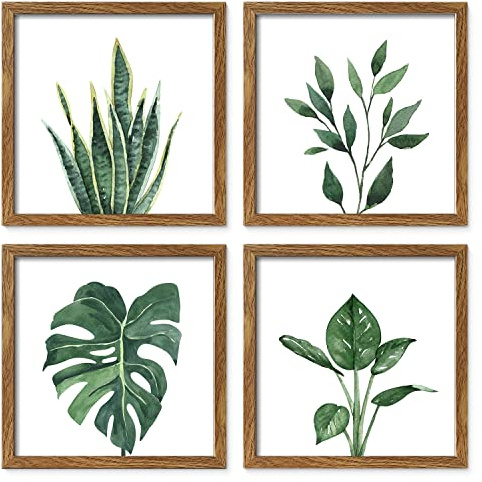ArtbyHannah Framed Botanical Bathroom Wall Art Decor, 10x10 Inch 4 Pack Acrylic Sage Green Prints Set, for Spa & Farmhouse Decor for Bath, Restroom, Bedroom, Office Decoration (Walnut)
