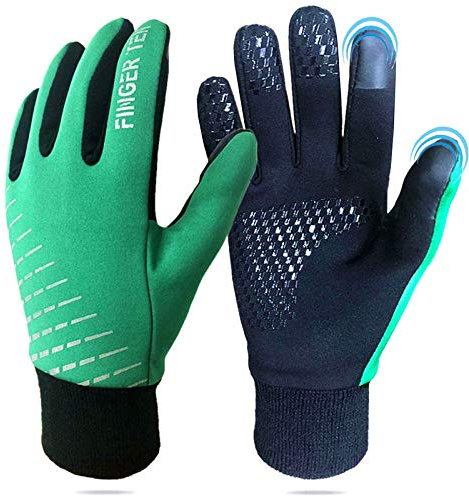 Kids Cycling Gloves Winter Full Finger Warm Touchscreen Running, Boys Girls Glove Grip Liner Thermal for Gardening School Sport Waterproof Anti-Slip (Green, S)